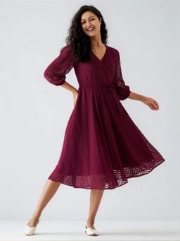 Twenty Dresses by Nykaa Fashion - Womens Wine Self Design Crepe Calf Length Dress with Belt