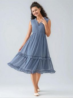 Twenty Dresses by Nykaa Fashion - Womens Greyish Blue Self Design Crepe Calf Length Dress