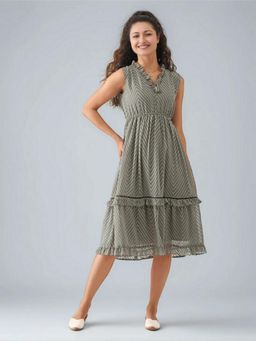 Twenty Dresses by Nykaa Fashion - Womens Grey Self Design Crepe Calf Length Dress