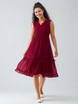 Twenty Dresses by Nykaa Fashion - Womens Maroon Self Design Crepe Calf Length Dress