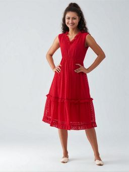 Twenty Dresses by Nykaa Fashion - Womens Red Self Design Crepe Calf Length Dress