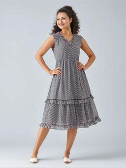 Twenty Dresses by Nykaa Fashion - Womens Steel Grey Self Design Crepe Calf Length Dress