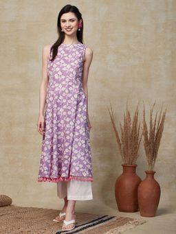 FASHOR - Foil Printed Flared Kurta with Palazzo - Lavender (Set of 2)