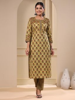 FASHOR - Floral Ethnic Printed Kurta with Pant - Green (Set of 2)