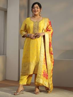 Extra love by Libas - Yellow Woven Embroidered Kurta with Palazzo and Dupatta