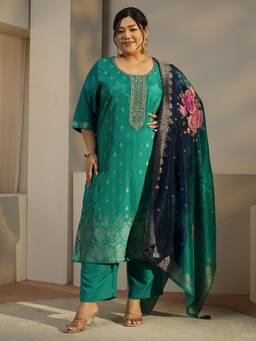 Extra love by Libas - Green Woven Embroidered Kurta with Pant and Dupatta