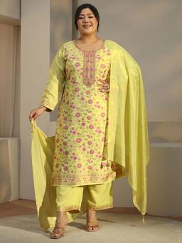 Extra love by Libas - Yellow Floral Woven Kurta with Palazzo and Dupatta