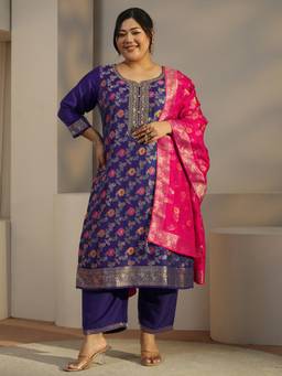 Extra love by Libas - Navy Blue Floral Woven Kurta with Pant and Dupatta