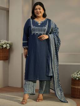Extra love by Libas - Navy Blue Embroidered Mirror Work Kurta with Pant and Dupatta