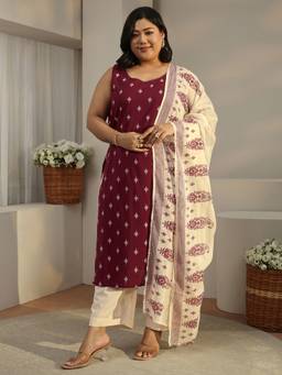 Extra love by Libas - Maroon Printed Kurta with Palazzo and Dupatta