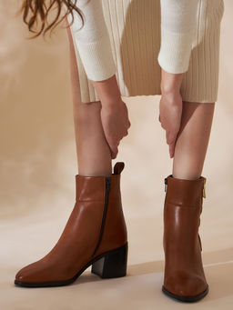 Peach Flores - Valeria Leather Zipped Blocked Heeled Boots-Tan