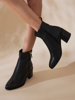 Peach Flores - Valeria Leather Zipped Blocked Heeled Boots-Black