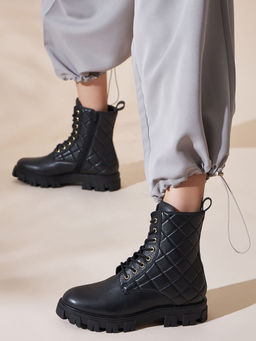 Peach Flores - Willow Leather Lace Up Combat Boots-Black