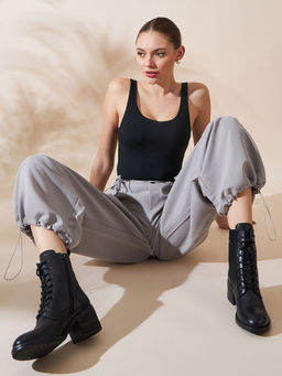 Peach Flores - Margot Leather Lace Up Block Heeled Boots-Black