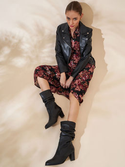 Peach Flores - Paige Leather Solid Slip On Blocked Boots-Black