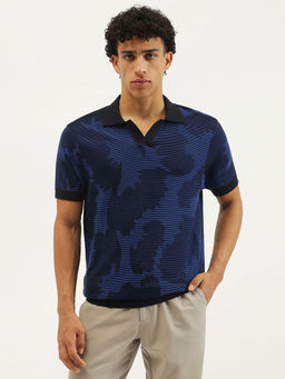 United Colors of Benetton - Navy Blue Self Design Relaxed Fit Polo T-Shirt