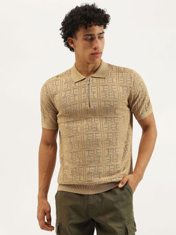 United Colors of Benetton - Beige Self Design Regular Fit Polo Neck T-Shirt