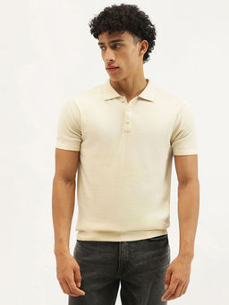 United Colors of Benetton - Cream Solid Regular Fit Polo Neck T-Shirt
