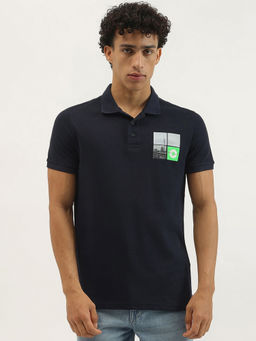 United Colors of Benetton - Navy Blue Relaxed Fit Graphic Polo Neck T-Shirt