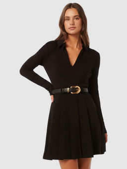 Forever New - Black Solid Pleated Mini Dress with Belt (Set of 2)