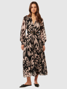 Forever New - Beige Printed Midi Dress with Belt (Set of 2)