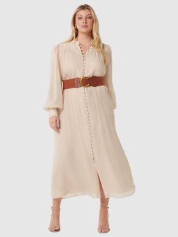 Forever New - Beige Solid Midi Dress with Belt (Set of 2)