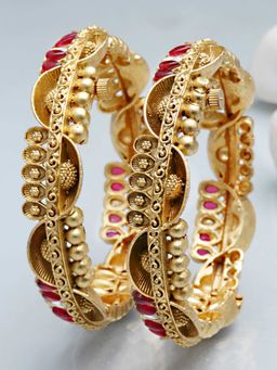 Karatcart - Antique Gold Plated Red Rajwadi Temple Bangle Set for Women