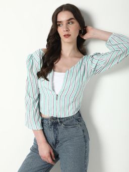 SHOWOFFFF - Womens Sea Green Striped Fitted Crop Top