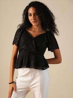 Globus - Women Black Shiny Self Design Gathered Wrap Party Top