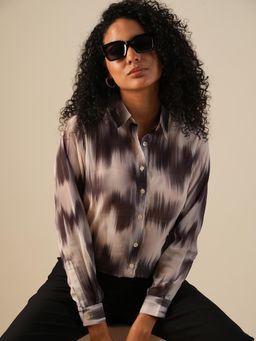 Globus - Women Black and White Cuffed Sleeves Abstract Print Georgette Workwear Shirt