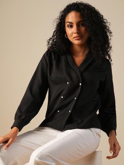 Globus - Women Black Shawl Lapel Cuffed Sleeves Double Breasted Workwear Blazer Shirt