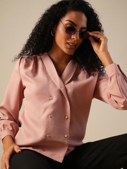 Globus - Women Pink Shawl Lapel Cuffed Sleeves Double Breasted Workwear Blazer Shirt