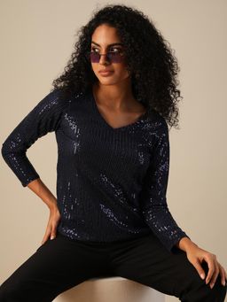Globus - Women Navy Blue V-Neck Sequinned Party Top