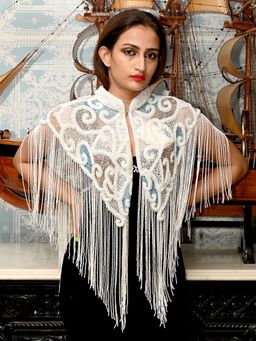 Odette - White & Blue Embroidered Beads Cape for Women