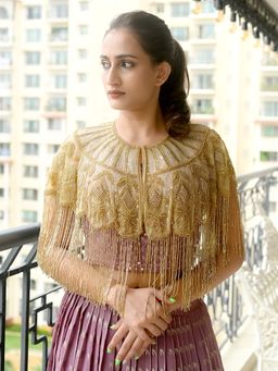 Odette - Golden Net Cut Dana Embroidered Tasselled Cape for Women