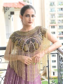 Odette - Black & Gold Net Cut Dana Embroidered Tasselled Cape for Women