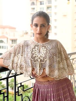 Odette - White & Gold Sequins with Beads Net Cape for Women