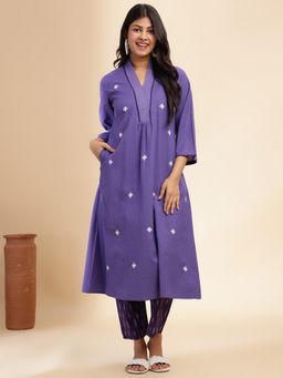 Aravalii - Purple Woven Ikat Cotton Straight Kurta with Pant (Set of 2)