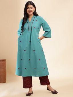 Aravalii - Teal and Maroon Cotton Ikat with Embroidered Detail Kurta with Pant (Set of 2)