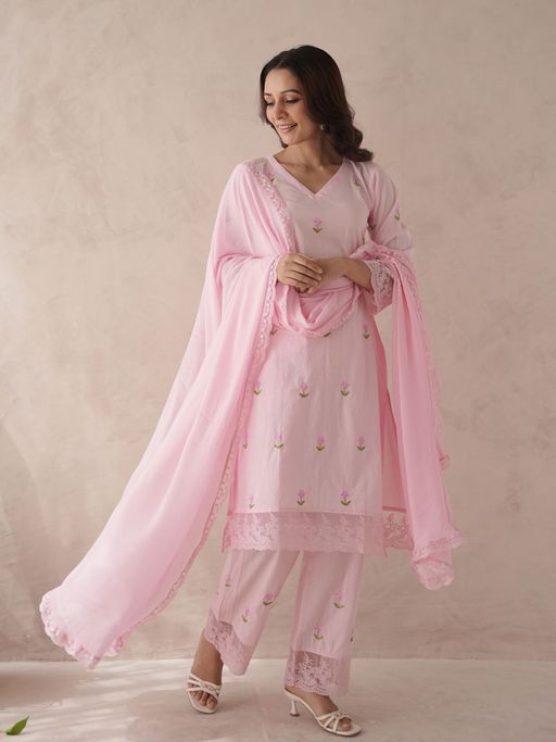 ONEWE INDIA Bloomera Pink Rose Embroidery Cotton Kurta and Pant with Dupatta (Set of 3)