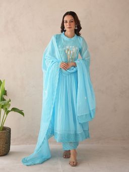 ONEWE INDIA - Aurea Sky Blue Doria Embroidery Kurta and Pant with Dupatta (Set of 3)