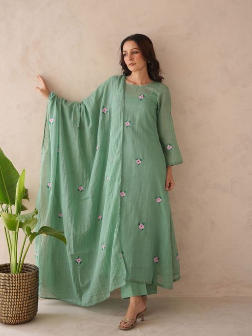 ONEWE INDIA Elira Mint Green Embroidery Kurta, Pant and Slip with Dupatta (Set of 4)