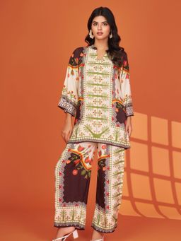 KAFTANIZE - Organic Cotton Brown Mandarin Neck Printed Kurti with Palazzo (Set of 2)