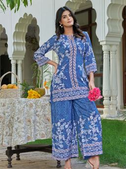 KAFTANIZE - Polyester Blue Round Neck Floral Co-ord (Set of 2)