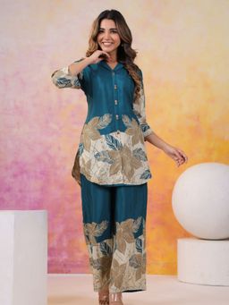 KAFTANIZE - Silk Blend Green Notched Lapel Floral Co-ord (Set of 2)