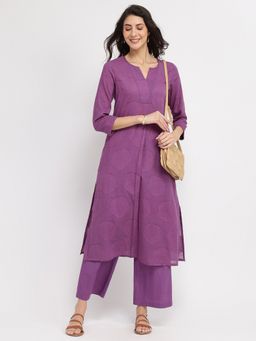 Pink Fort - Cotton Jacquard Floral Purple Kurta with Pant (Set of 2)