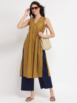Pink Fort - Cotton Striped A-Line Yellow and Blue Kurta with Pant (Set of 2)