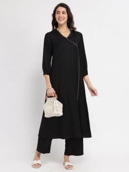 Pink Fort - Rayon Solid Angrakha Style Black Kurta with Pant (Set of 2)