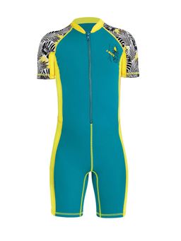 Little Surprise Box - Half Sleeves Swimwear Yellow & Green Printed Knee Length UPF 50