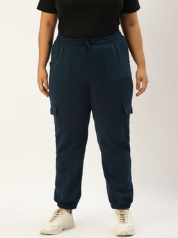 theRebelinme - Plus Size Womens Ink Blue Solid Color Knitted Cargo Trouser